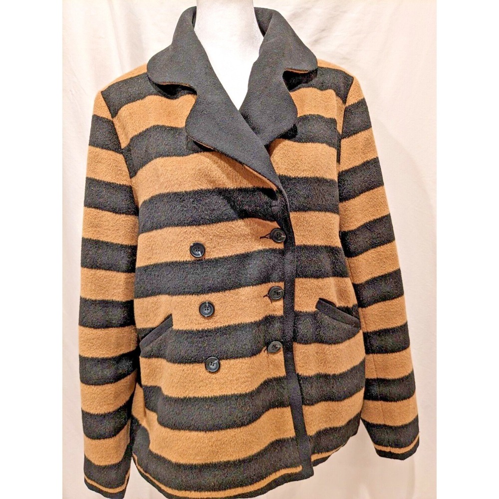 Tulle Anthropologie Black/Tan Striped Pea Coat Sz L Wool Blend Collar Button Up